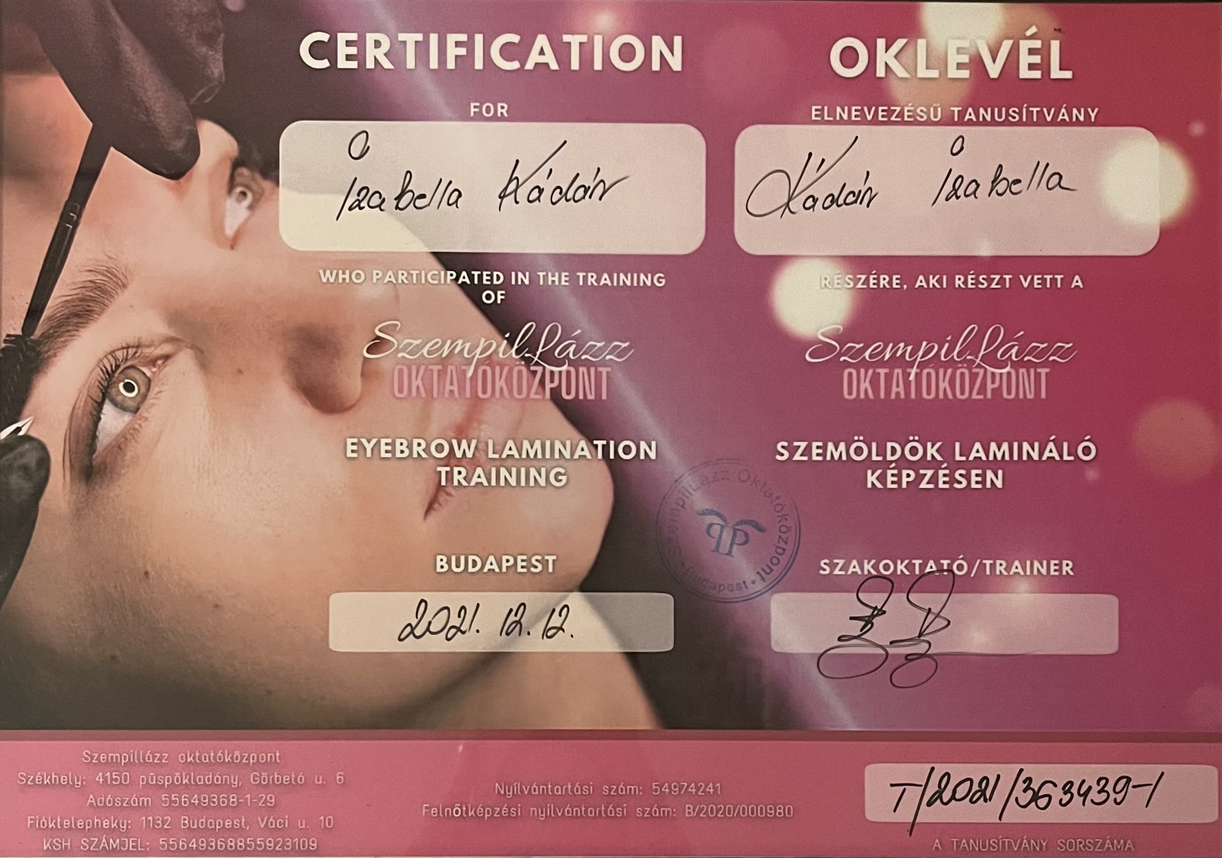 Szemöldök laminálás képzés oklevél