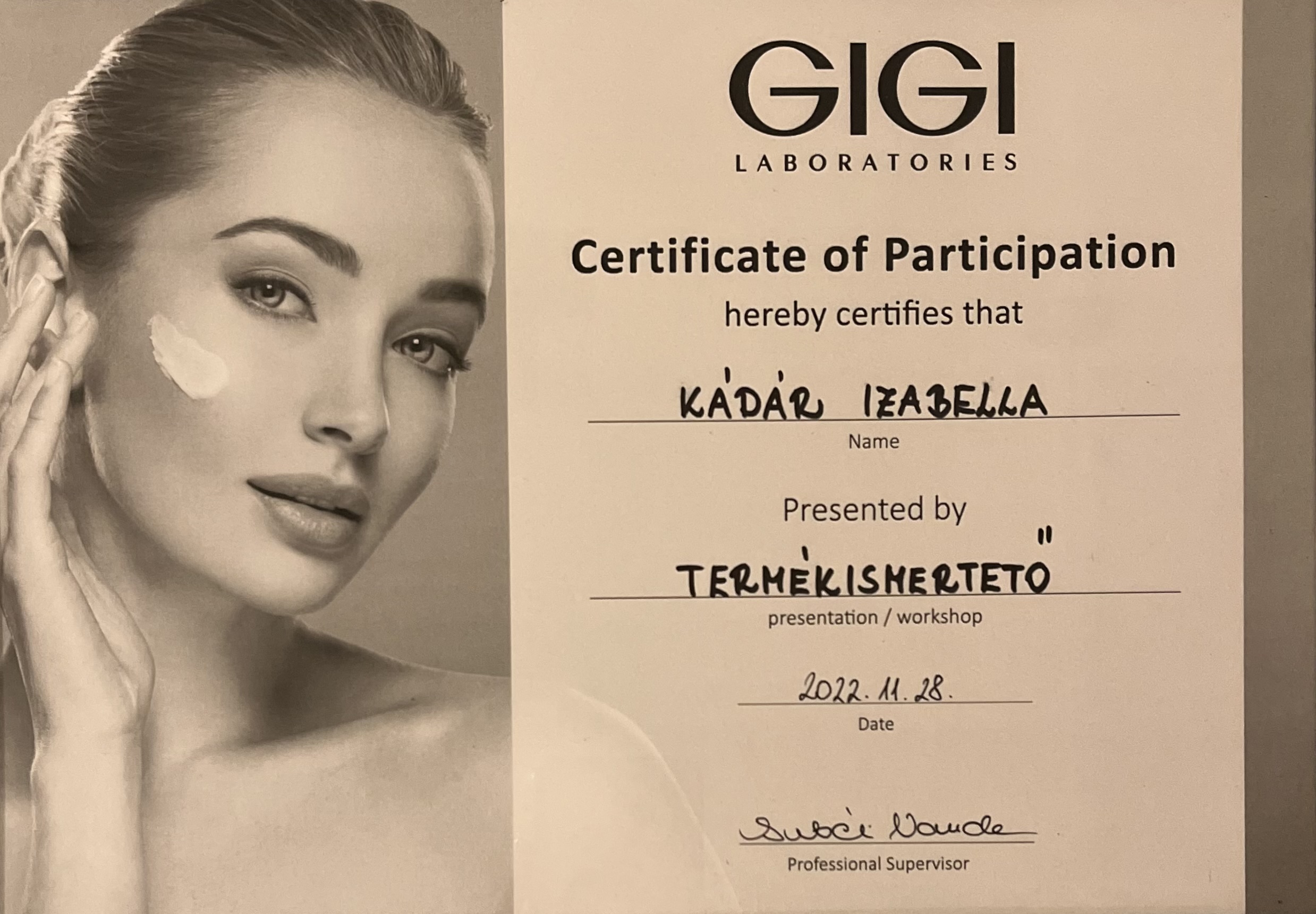 GIGI Laboratories workshop oklevél