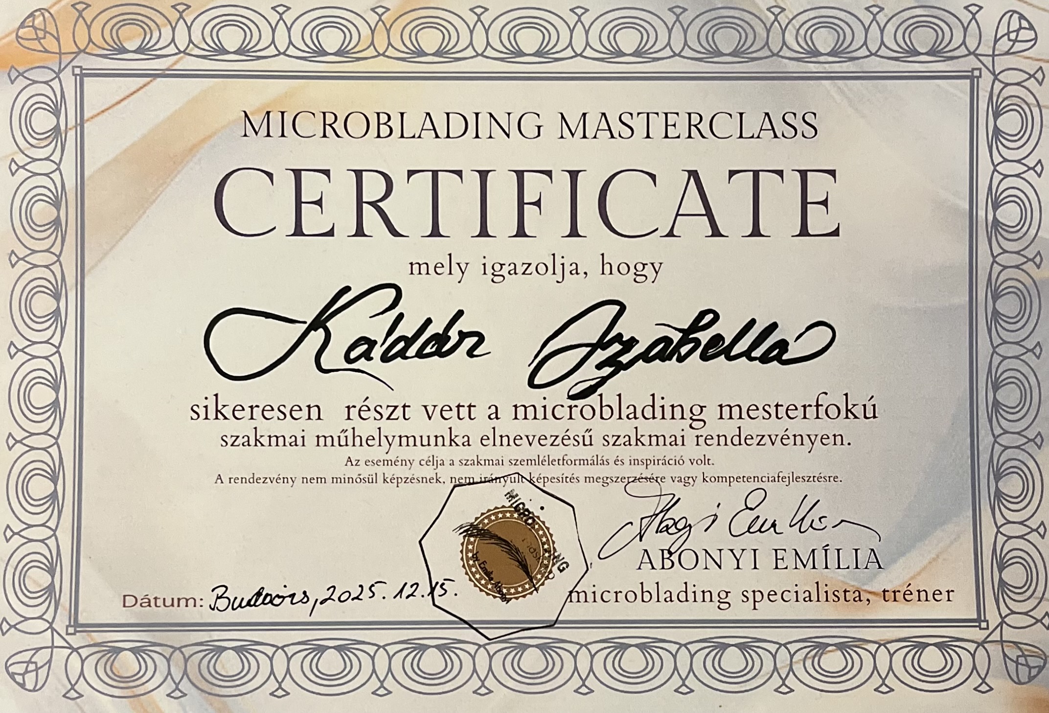 Microblading haladó workshop oklevél