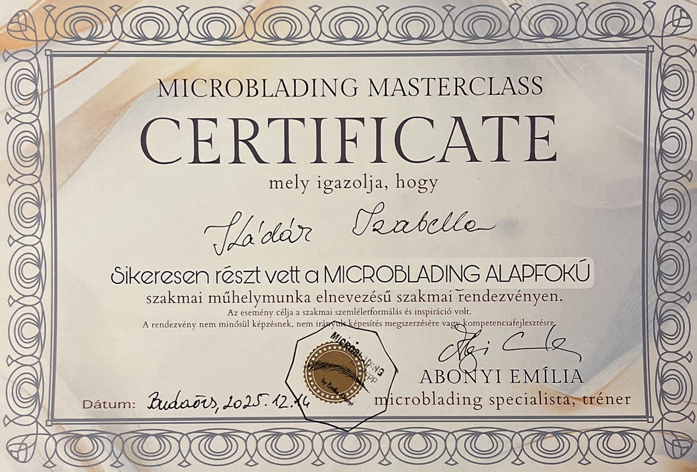 Microblading alapfokú workshop oklevél